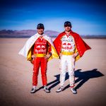 Sergio Perez, left, and Max Verstappen, right, show off their Elvis-inspired outfits