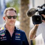 Christian Horner arrives at the Bahrain International Circuit on Thursday for the opening day of practice at the Bahrain Grand Prix.