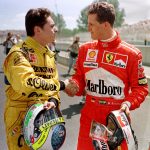 Michael Schumacher, right, shakes hands with Giancarlo Fisichella after the Canadian Grand Prix in 1997