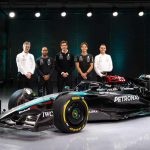 The Mercedes car unveiling on Wednesday with George Russell (second right), Team principal Toto Wolff (centre), Lewis Hamilton (second left), technical director James Allison (left) and managing director of HPP, Hywel Thomas (right).