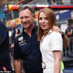 Christian Horner will attend Red Bull’s launch of their 2024 car tomorrow (pictured with wife Geri Halliwell)