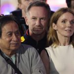 Christian Horner (centre) alongside wife Geri Halliwell-Horner (right) and Chalerm Yoovidhya (left) at the celebrations after the Bahrain Grand Prix.