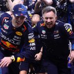 Max Verstappen and Christian Horner celebrate with the Red Bull team after the Formula One Bahrain Grand Prix on 2 March 2024