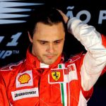 Felipe Massa of Ferrari reacts on the podium after Lewis Hamilton pipped him to the F1 drivers’ title in Brazil in 2008.