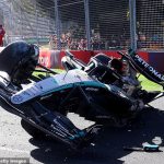 George Russell’s car ended up on its side after his crash on the final lap of the Australian Grand Prix