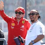 Lewis Hamilton (right) and current Ferrari driver Charles Leclerc at Albert Park in Melbourne for last month’s Australian Grand Prix.